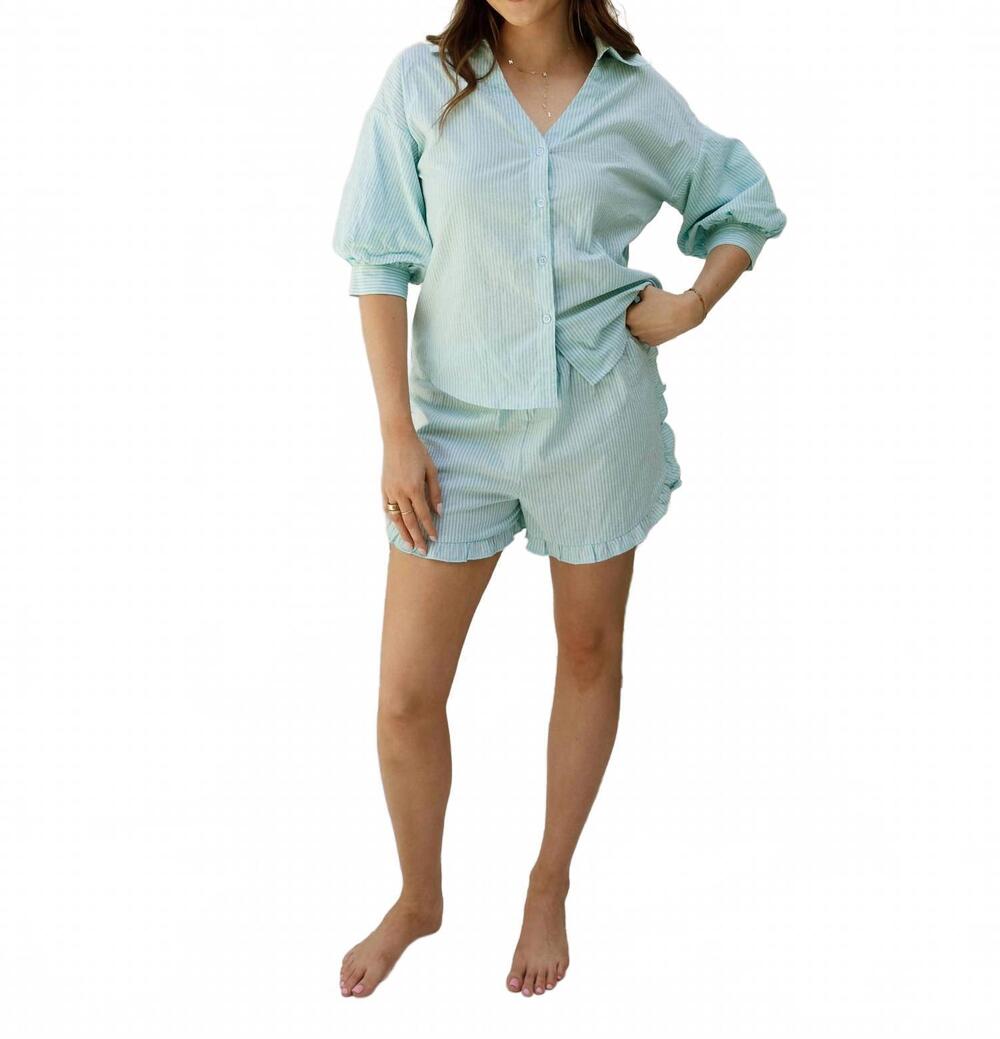 NEW REMINISCENCE oversized shirt and high-rise short set in seafoam